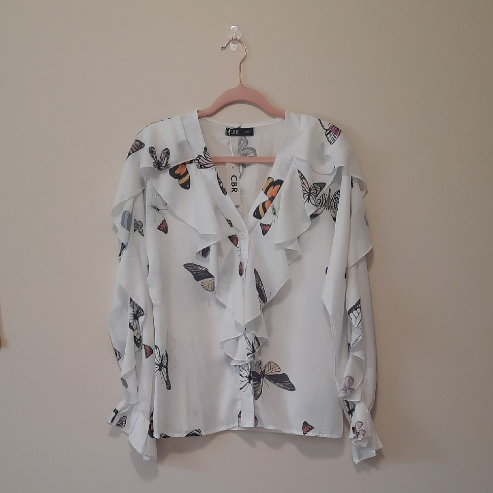CBR White Ruffled Long Sleeve Blouse